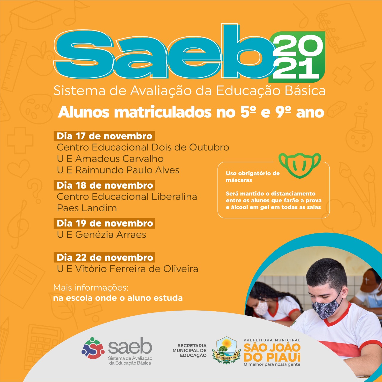 Educação convoca estudantes de 5º e 9º para exame do SAEB 2021